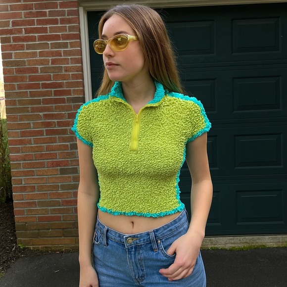 KkCo Split Popcorn Polo Top Womens Medium Green Teal Y2K Half Zip Smocked - Picture 1 of 8